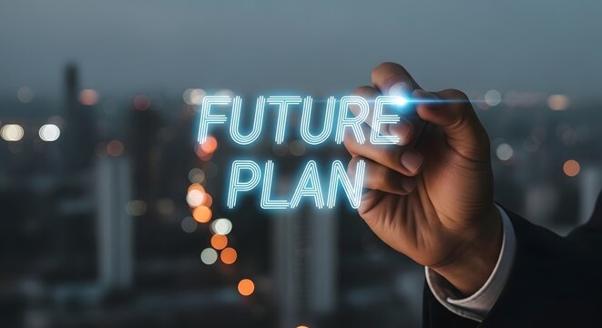 Confident hand draws bright neon FUTURE PLAN text overlaying a bokeh city skyline, symbolizing strategic vision and forward thinking for business success. - Powered by Adobe