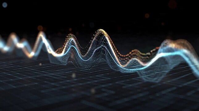 Abstract digital sound wave or data visualization with glowing particles on a dark grid background - Powered by Adobe