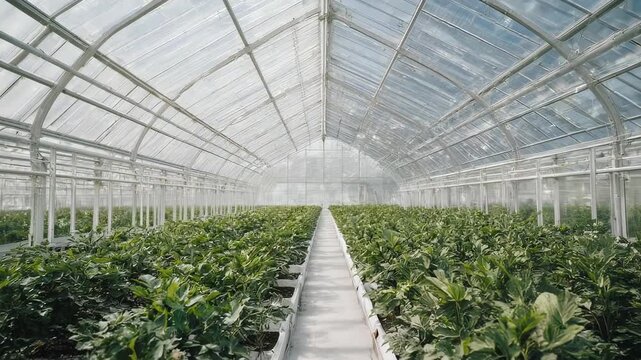 Rows Of Lush Green Plants Growing In A Large Sunlit Greenhouse With White Structure