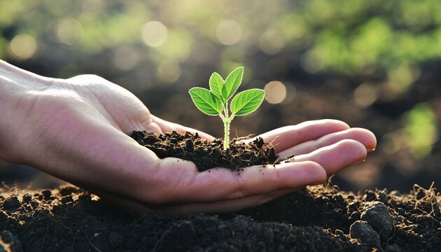 Human hand holds sprout in soil, symbolizing new life and growth.