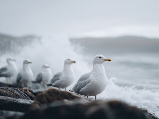 Obraz premium Seagulls stand against a powerful wave. Symbolizing resilience, unity, and natures force, ideal for travel, wildlife, or conceptual visuals. Serenity meets strength.