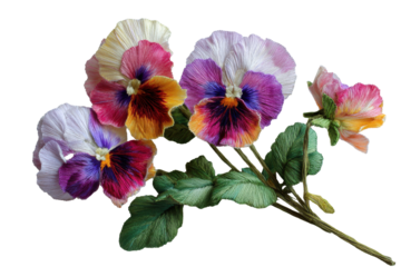 Vibrant pansy flowers with detailed petals isolated on transparent background. Vibrant multi-colored pansies bloom isolated on white background.