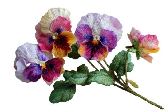 Vibrant pansy flowers with detailed petals isolated on transparent background. Vibrant multi-colored pansies bloom isolated on white background.