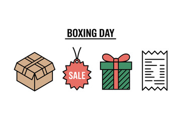 Boxing Day sale icons representing a box, sale tag, gift, and receipt.