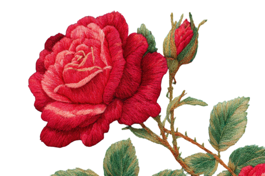 Detailed red rose with bud and leaves isolated on transparent background. Vibrant red rose bloom with green leaves and bud isolated on white background.