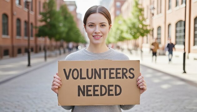 Single beautiful woman holding cardboard sign reading “VOLUNTEERS NEEDED”, daylight setting, compassionate expression, social awareness theme - Powered by Adobe