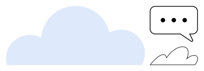 Blue cloud with speech bubble featuring dots and a smaller outline cloud. Ideal for technology, data sharing, cloud storage, communication, globalization, teamwork, digital interaction. Simple flat