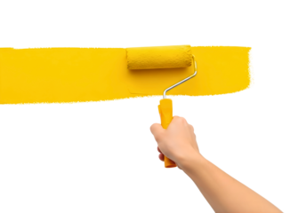Hand painting a yellow stripe with a roller isolated on transparent background