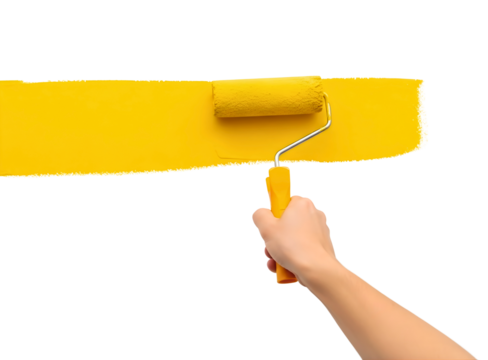 Hand painting a yellow stripe with a roller isolated on transparent background
