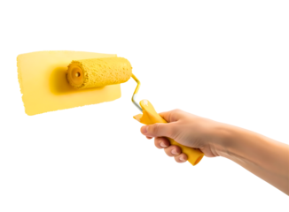 Hand holding a yellow paint roller applying yellow paint to a wall isolated on transparent background