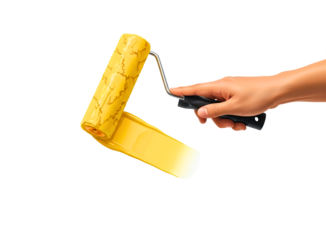 Hand holding a yellow paint roller isolated on transparent background