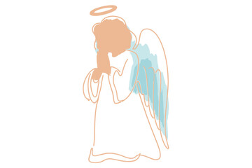 A stylized illustration of an angel with wings and a halo in profile