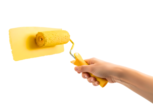 Hand holding a yellow paint roller applying yellow paint to a wall isolated on transparent background - Powered by Adobe
