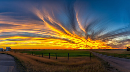 angle. Dramatic sunrise and sunset sky with vibrant clouds, showcasing warm and cool color contrasts in a panoramic view. inspiring travel planning.