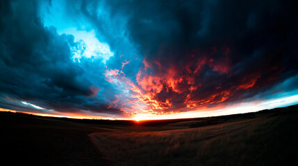 angle. Dramatic sunrise and sunset sky with vibrant clouds, showcasing warm and cool color contrasts in a panoramic view. inspiring travel planning.