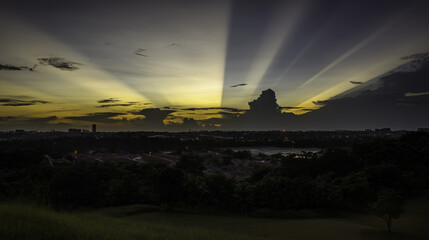 angle. Dramatic sunrise and sunset sky with vibrant clouds, showcasing warm and cool color contrasts in a panoramic view. inspiring travel planning.