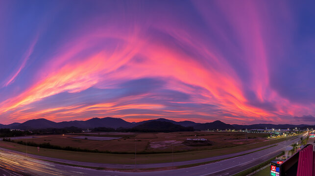 angle. Dramatic sunrise and sunset sky with vibrant clouds, showcasing warm and cool color contrasts in a panoramic view. inspiring travel planning.