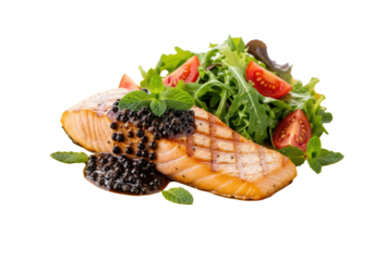 Perfectly grilled thick-cut salmon fillet with black pepper sauce, fresh mint, and side salad on a yellow plate, against a transparent background with copy space. Gourmet healthy dining concept