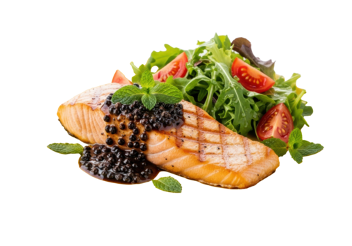 Perfectly grilled thick-cut salmon fillet with black pepper sauce, fresh mint, and side salad on a yellow plate, against a transparent background with copy space. Gourmet healthy dining concept
