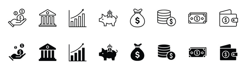 Obraz premium Money icon set in thin line style. Money and payment icons set, money icons, payment icons, wealth white background and vector with line and glyph icon.