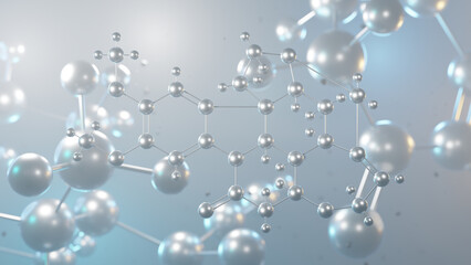 brucine molecular structure, 3d model molecule, alkaloid structural chemical formula view from a microscope