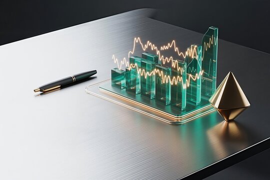 Modern 3D render of financial market volatility shown on glowing glass bar charts, symbolizing data analysis, growth, and high-end investment on a sleek metallic desk.