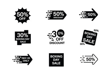 Collection of black and white discount and sale tags and icons.