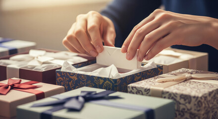Packing gift boxes with care and precision in close-up, demonstrating attention to detail and craftsmanship