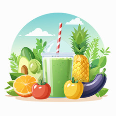 Healthy food vector banner &mdash; fresh vegetables, fruits, smoothies &mdash; soft pastel colors, nature