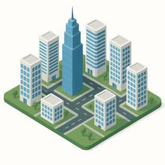 modern city block with high-rise buildings, roads, and green areas, perfect for urban planning or tech visuals. Isometric Generative ai vector colorful illustration.