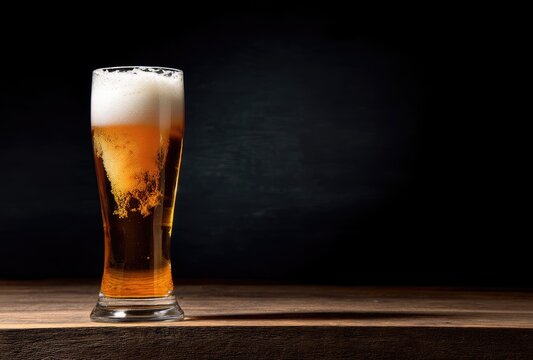 Glass of golden beer with rising bubbles and white foam on rustic wooden table against dark background, ideal for bar advertising, Oktoberfest promotion, and beverage branding design