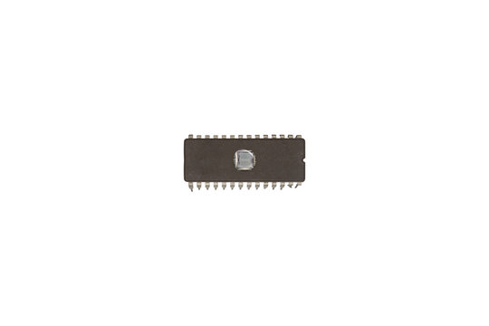 Vintage integrated EPROM circuit chip with exposed quartz window is isolated.