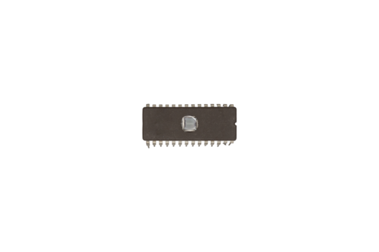 Vintage integrated EPROM circuit chip with exposed quartz window is isolated.