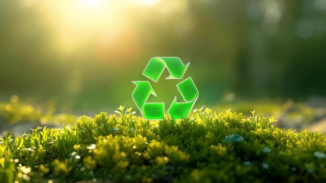 Glowing green recycle symbol on mossy hill under warm golden sunset light with bokeh