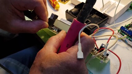 An electrician repairs an electrical appliance using soldering iron
