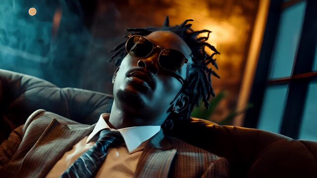 Marijuana cannabis topic concept. A man with dreadlocks and sunglasses exhaling smoke in a room with a warm, ambient lighting.