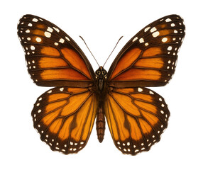 Orange and brown butterfly with patterned wings and white spots.