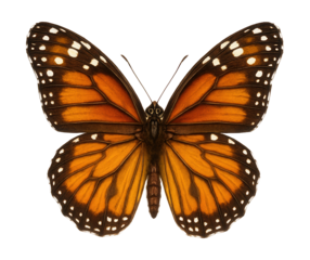 Orange and brown butterfly with patterned wings and white spots.
