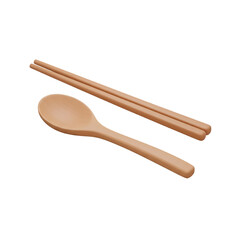 Minimalist 3D illustration of wooden chopsticks and a spoon, perfect for culinary or Asian-themed designs