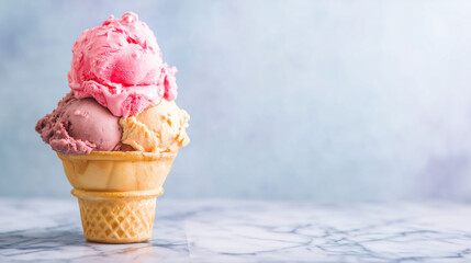 vanilla. Colorful ice cream in a waffle cone, a tempting and delightful dessert display. menu design, packaging mockups, designed for food delivery and cloud-kitchen brand materials.