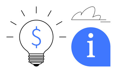 Lightbulb with dollar sign, blue information symbol, and minimal cloud line Ideal for business, innovation, creativity, finance, education, entrepreneurship, simple flat metaphor