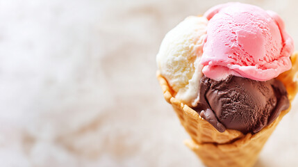 vanilla. Colorful ice cream in a waffle cone, a tempting and delightful dessert display. menu design, packaging mockups, designed for food delivery and cloud-kitchen brand materials.