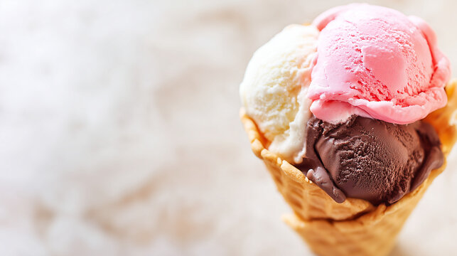 vanilla. Colorful ice cream in a waffle cone, a tempting and delightful dessert display. menu design, packaging mockups, designed for food delivery and cloud-kitchen brand materials.