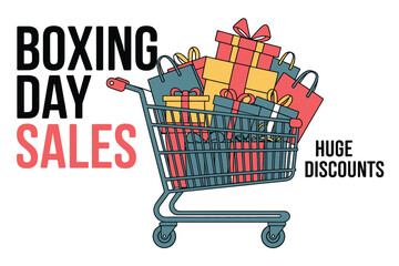 Boxing Day sales feature a shopping cart filled with gifts and promotional text