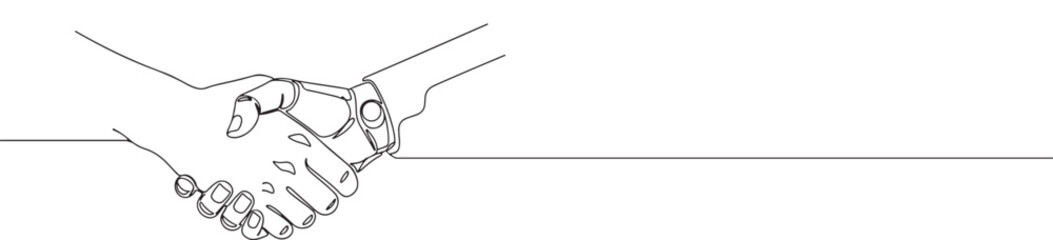 Continuous one line drawing of a human hand shaking a robot hand. Concept of artificial intelligence, technology and future partnership