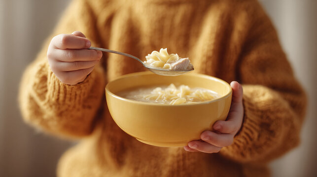 Cozy image of a child holding a bowl of chicken noodle soup. Symbolizes comfort, childhood, and nourishment. Perfect for food blogs, health articles, and family content.
