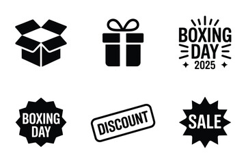 Collection of Boxing Day sale and discount icons with a gift box and open package