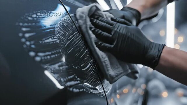 Car detailing with microfiber towel on black automobile surface, cleaning gently. Car detailing, including hands in black protective gloves to carefully remove soap and water marks.