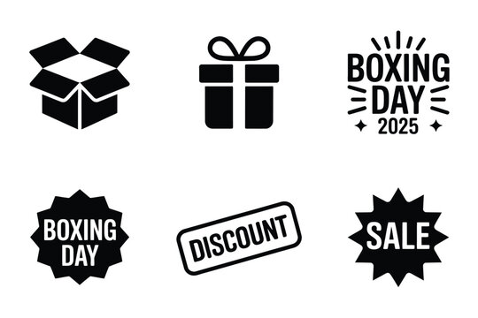 Collection of Boxing Day sale and discount icons with a gift box and open package