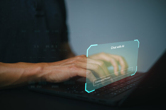 Chat with AI — Human Typing on Laptop with Virtual Artificial Intelligence Interface, Generative AI, Machine Learning, and Digital Communication Technology